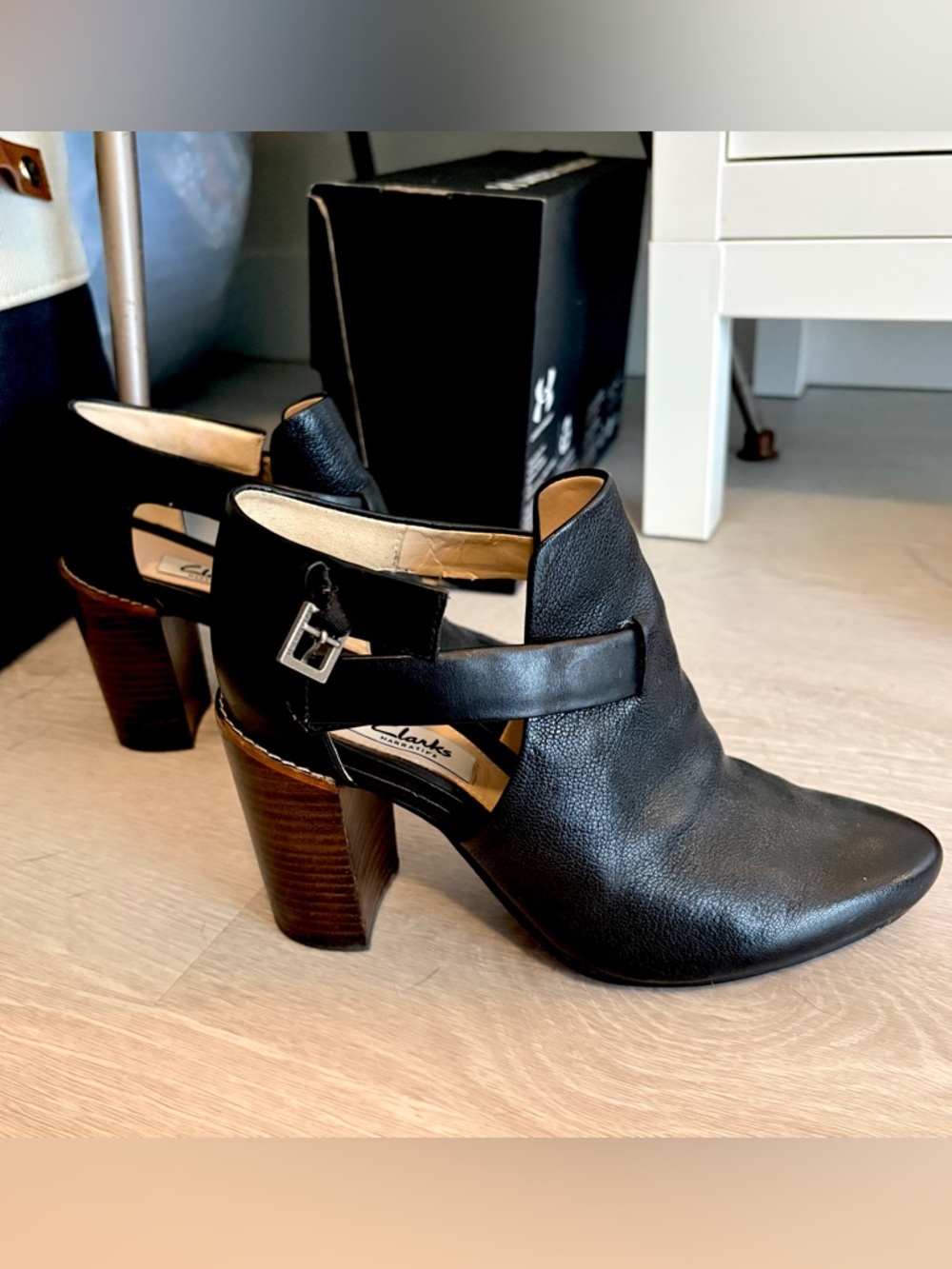 Clarks Black Leather Cutout Block Heel Boots